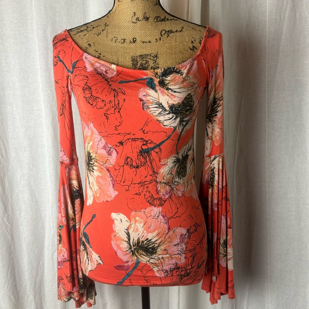 Free People Birds of Paradice Coral Orange Floral Off The Shoulders Bell Sleeve - Picture 3 of 10